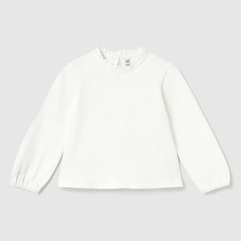 White long sleeve top with frilled neckline.