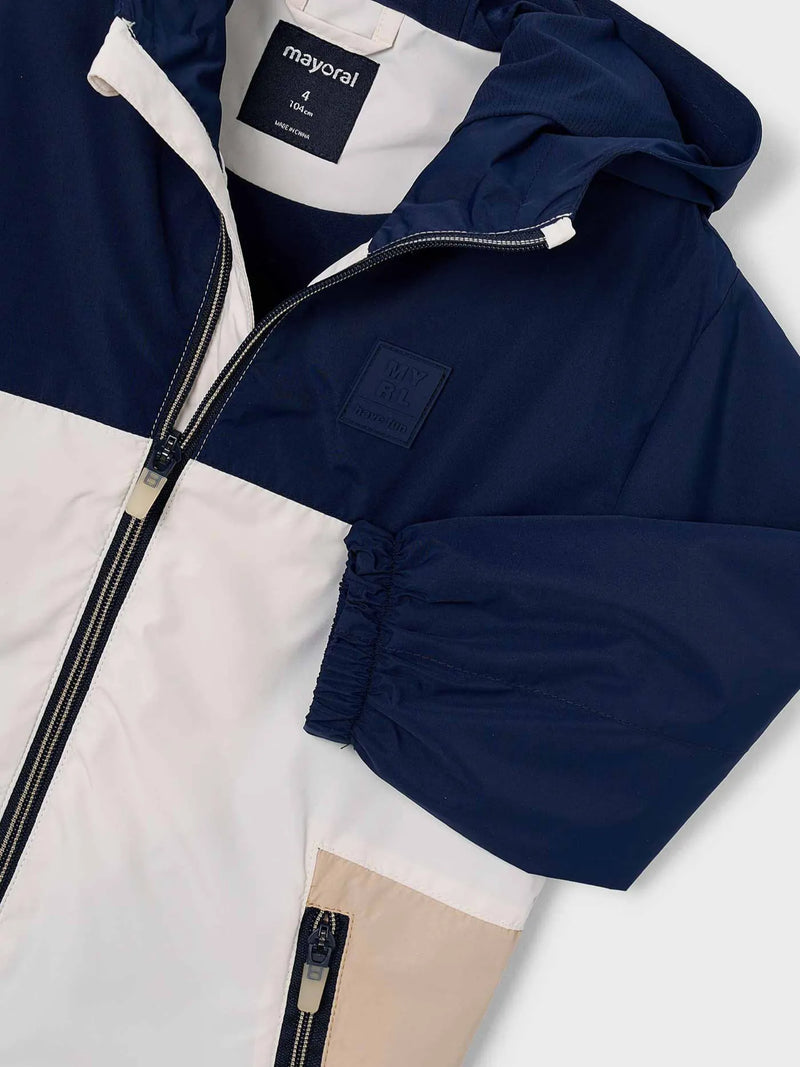 Closer view of the Mayoral colourblock windbreaker.