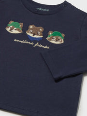 Mayoral navy t-shirt with cute woodland animals embroidered across the chest.