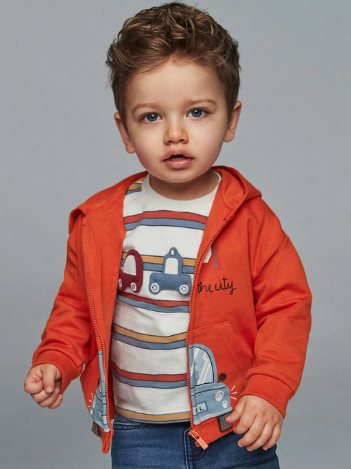 Baby boy wearing the Mayoral zip up hoodie.