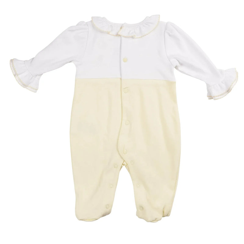 Back of the Mintini Baby yellow smocked babygrow.