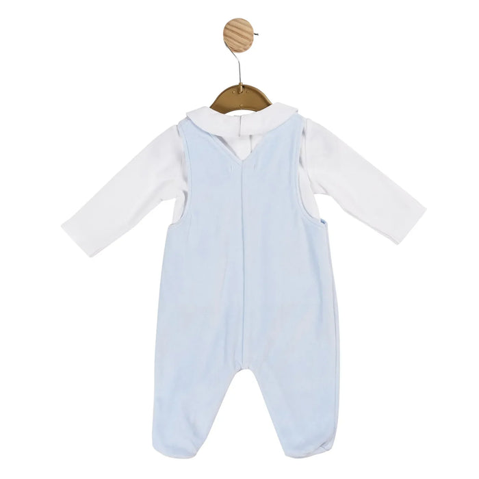 Back view of the Mintini Baby blue velour dungarees set.