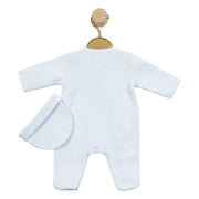 Back of the Mintini Baby waffle babygrow & hat.