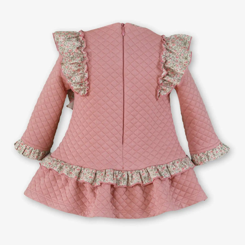 Rear view of the Miranda pink quilted dress.