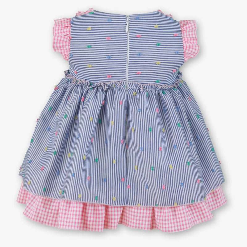 Rear view of the Miranda blue striped dress.