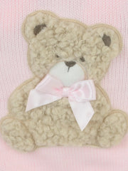 Closer look at the Pex bear romper showing detail of the furry bear appliqué