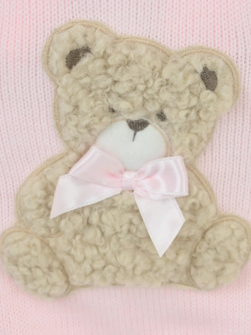 Closer look at the Pex bear romper showing detail of the furry bear appliqué