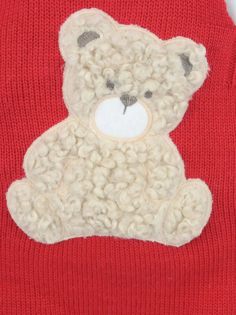 Closer look at the Pex bear romper showing detail of the furry bear appliqué