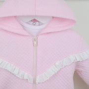 Closer look at the Pex bianca tracksuit showing detail of the white broderie trim.