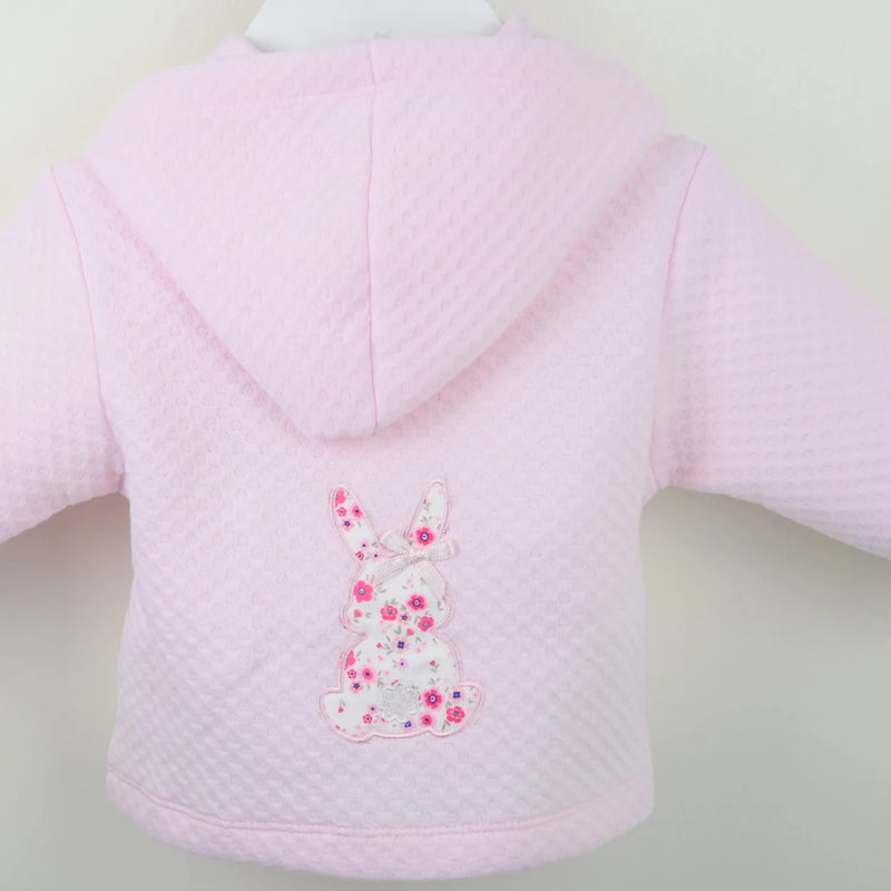 Pex floral bunny jacket with floral print bunny appliqué on the back.