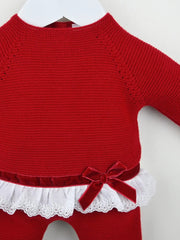 Closer look at the Pex sienna leg warmer set showing detail of the white lace hem