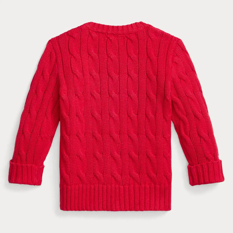 Back of the Ralph Lauren red cable knit sweater.