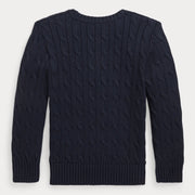 Back of the Ralph Lauren navy cable knit sweater.