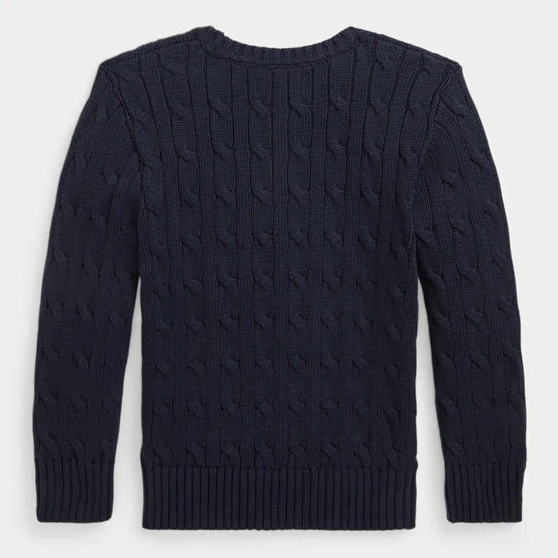 Back of the Ralph Lauren navy cable knit sweater.