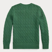 Rear view of the Ralph Lauren green cable knit sweater.