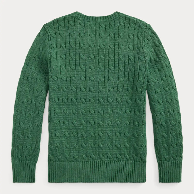 Rear view of the Ralph Lauren green cable knit sweater.