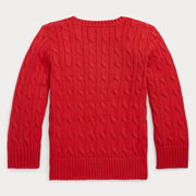 Rear view of the Ralph Lauren red cable knit sweater.