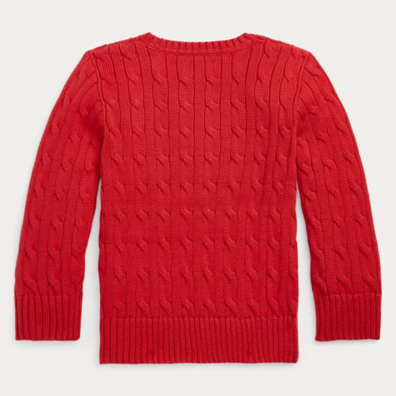 Rear view of the Ralph Lauren red cable knit sweater.