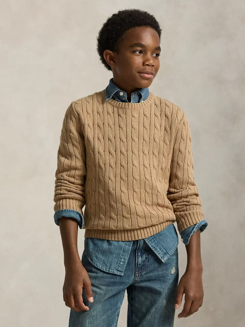 Closer view of the Ralph Lauren cable knit sweater.