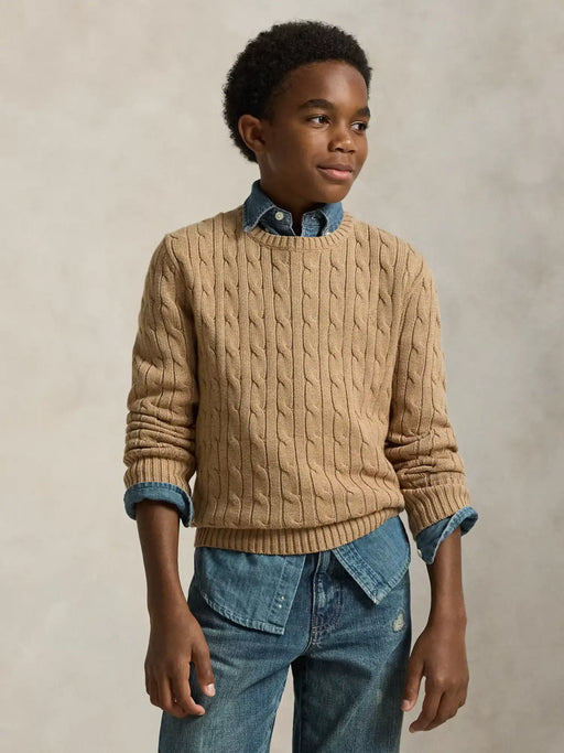 Closer view of the Ralph Lauren cable knit sweater.