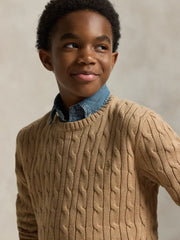 Ralph Lauren cable knit sweater with embroidered pony logo.