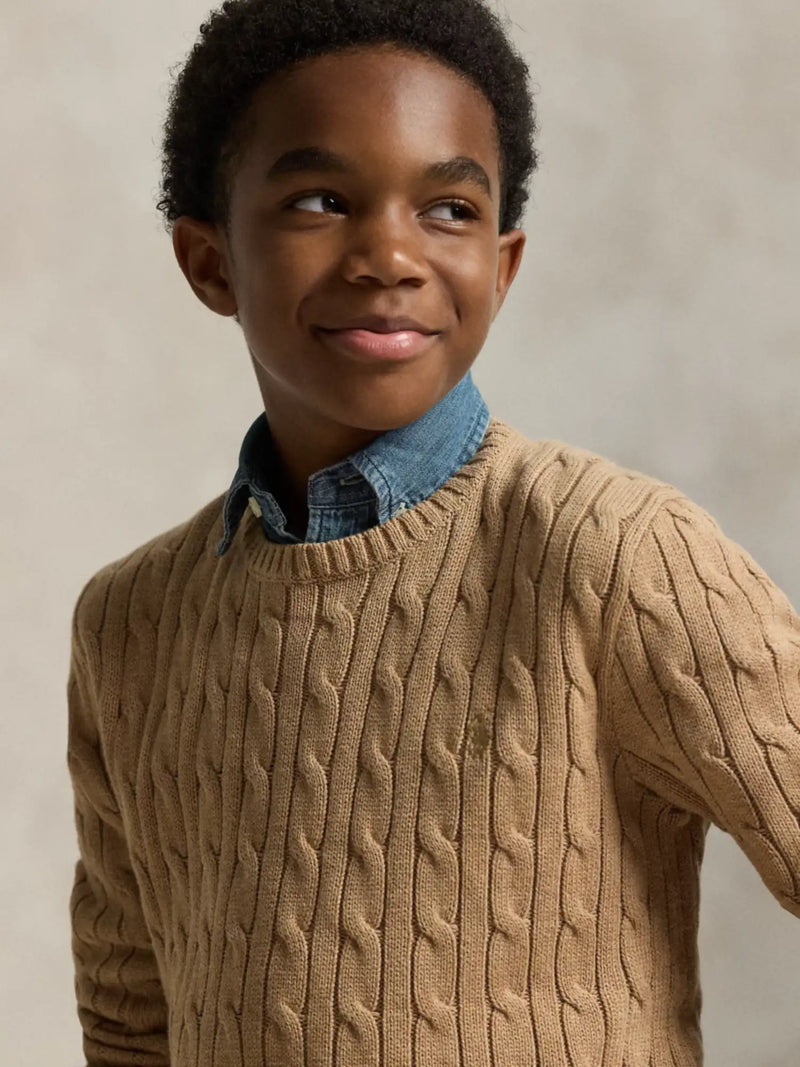 Ralph Lauren cable knit sweater with embroidered pony logo.
