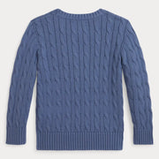 Back of the Ralph Lauren blue cable knit sweater.