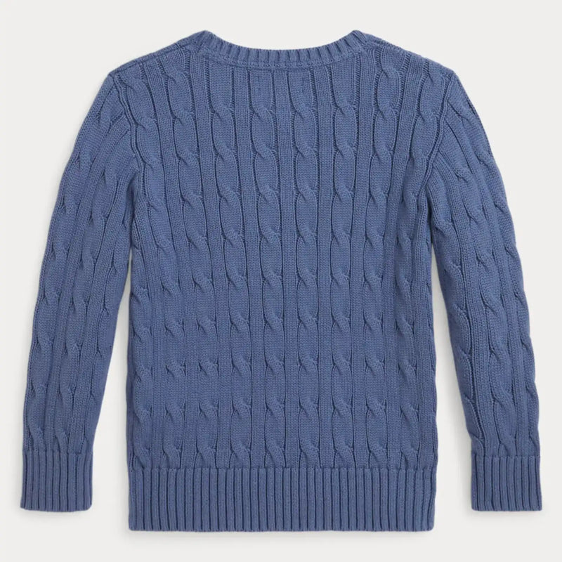 Back of the Ralph Lauren blue cable knit sweater.