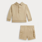 Rear view of the Ralph Lauren beige cargo shorts set.