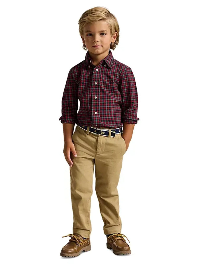 Boy modelling the Ralph Lauren check shirt & trousers.