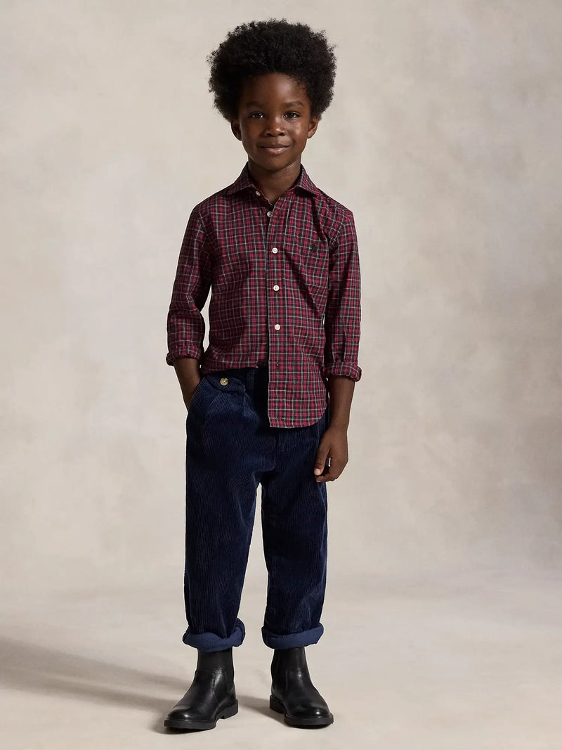 Smiling Boy modelling the Ralph Lauren checked shirt.