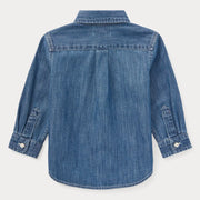 Rear view of the Ralph Lauren blue denim shirt.