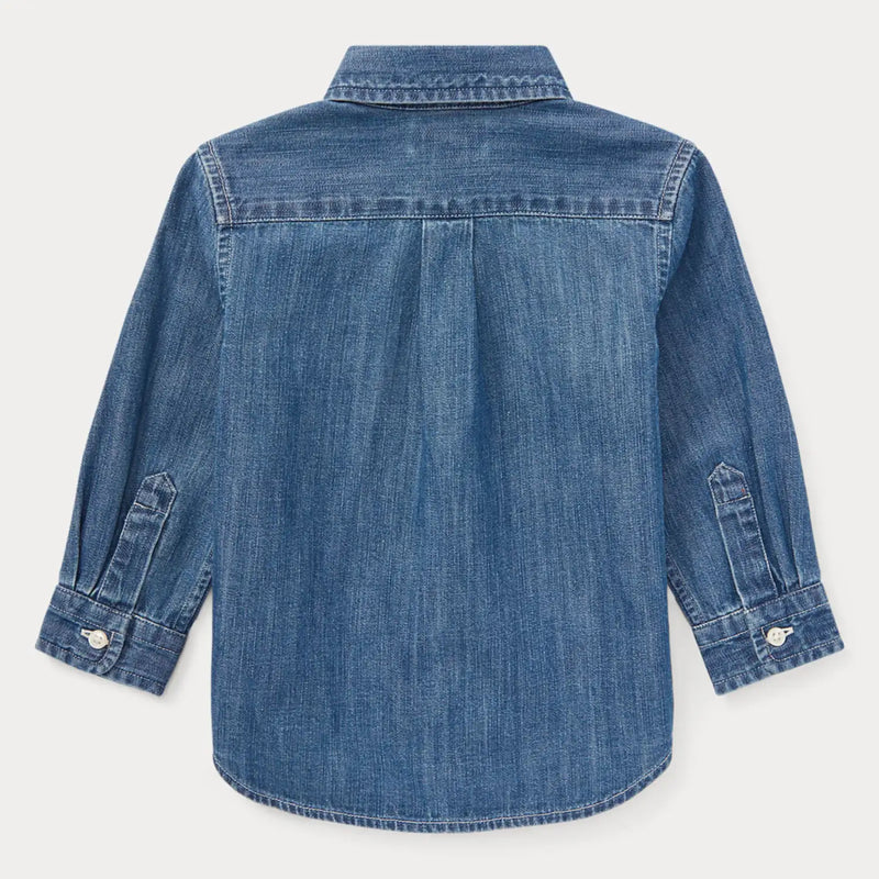 Rear view of the Ralph Lauren blue denim shirt.