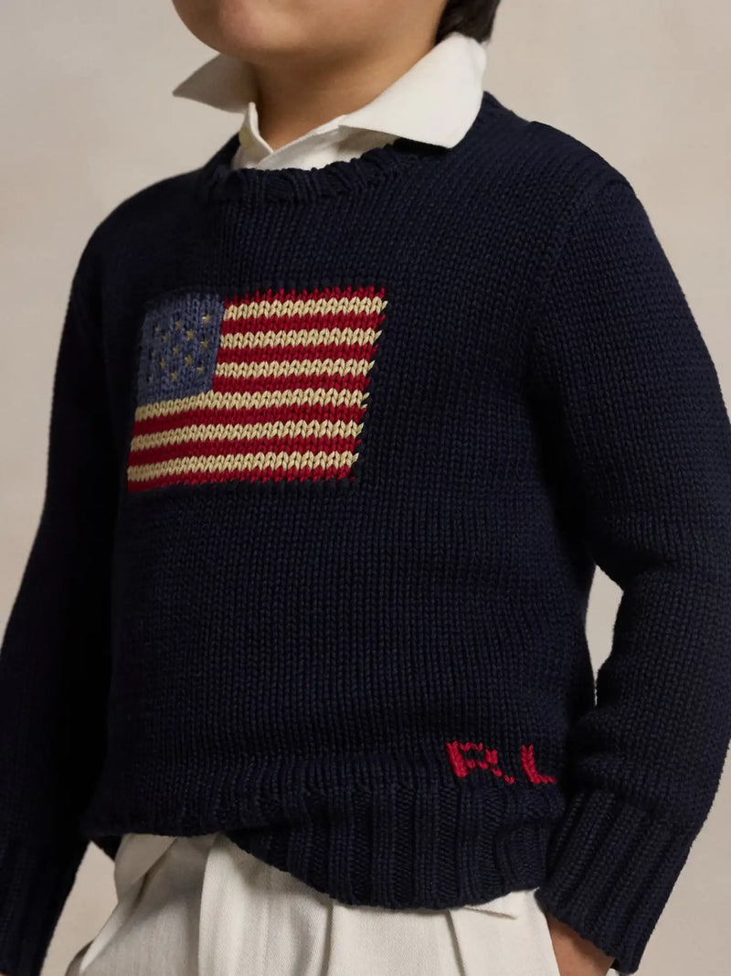 Closer look at the Ralph Lauren flag sweater showing detail of the intarsia USA flag.