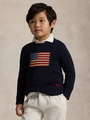 Closer view of the Ralph Lauren flag sweater.