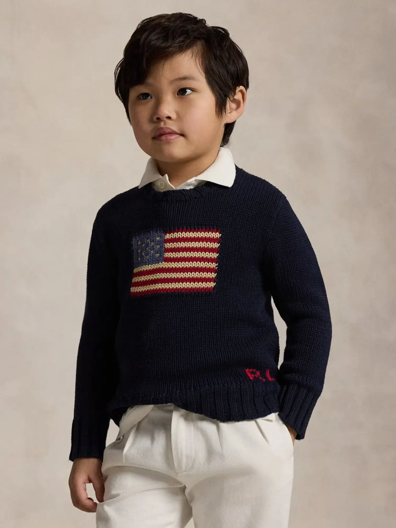 Closer view of the Ralph Lauren flag sweater.