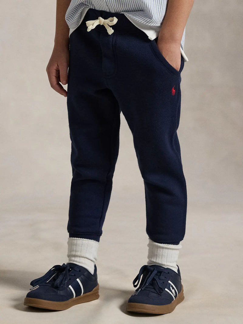 Ralph Lauren fleece joggers with red embroidered pony logo.