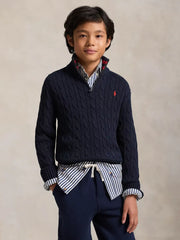 Closer view of the Ralph Lauren half zip cable knit sweater.