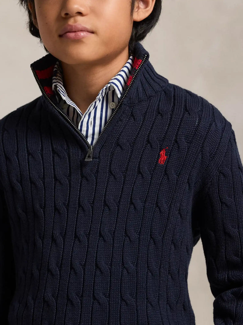 Closer look at the Ralph Lauren half zip cable knit sweater showing detail of the red embroidered pony logo.