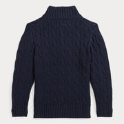 Back of the Ralph Lauren navy half zip cable knit sweater.