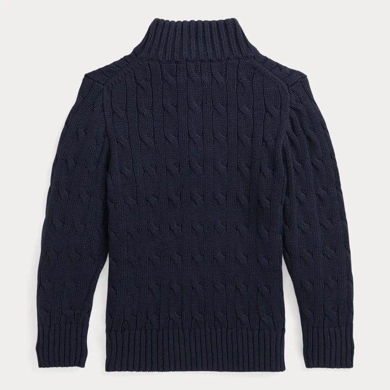 Back of the Ralph Lauren navy half zip cable knit sweater.