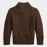Back of the Ralph Lauren brown half zip cable knit sweater.