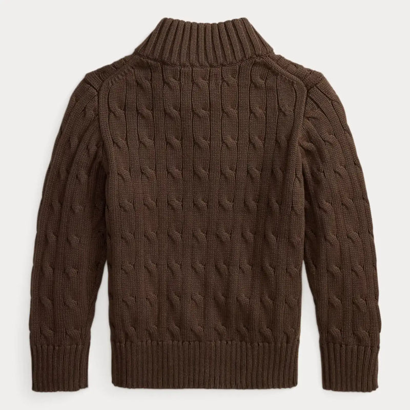 Back of the Ralph Lauren brown half zip cable knit sweater.