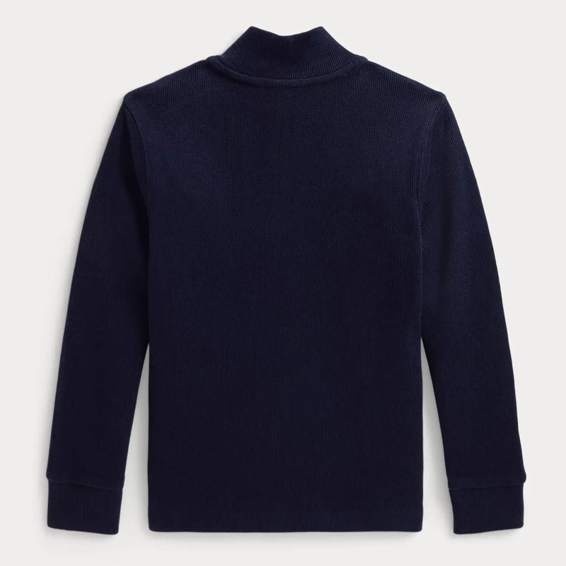 Back of the Ralph Lauren navy half zip sweater.