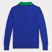 Back of the Ralph Lauren blue half zip sweatshirt.