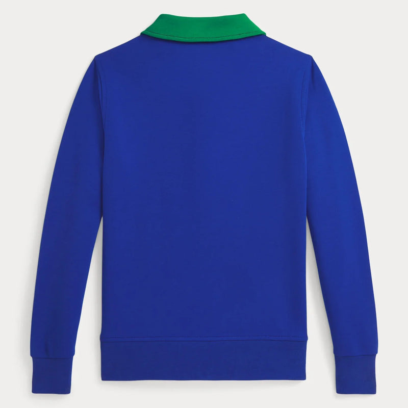 Back of the Ralph Lauren blue half zip sweatshirt.