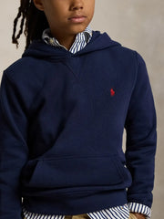 Closer look at the Ralph Lauren hoodie showing detail of the red embroidered pony logo.
