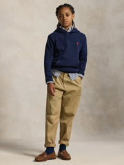 Boy modelling the Ralph Lauren hoodie.
