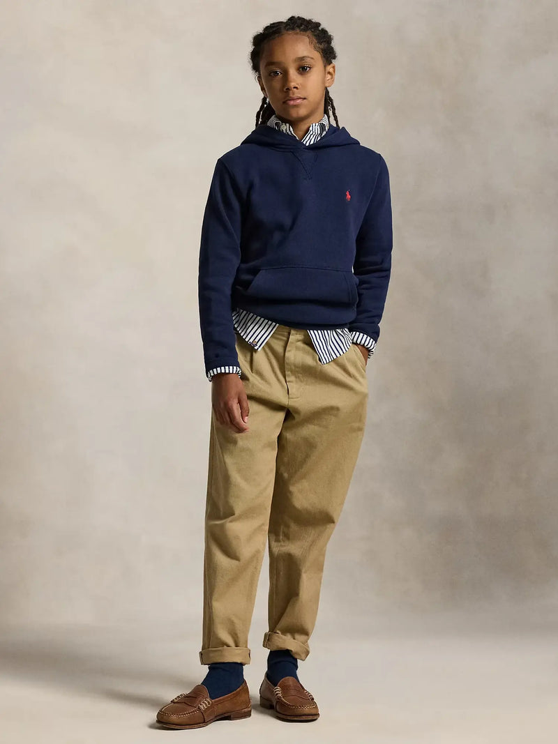 Boy modelling the Ralph Lauren hoodie.