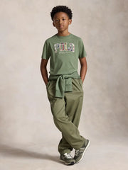 Boy modelling the Ralph Lauren logo t-shirt.
